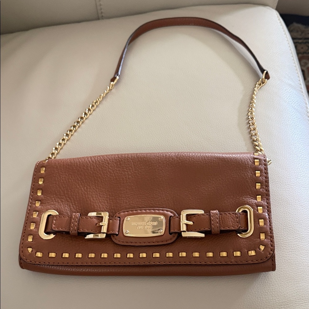 Brown Leather Shoulder Bag with Gold Accents